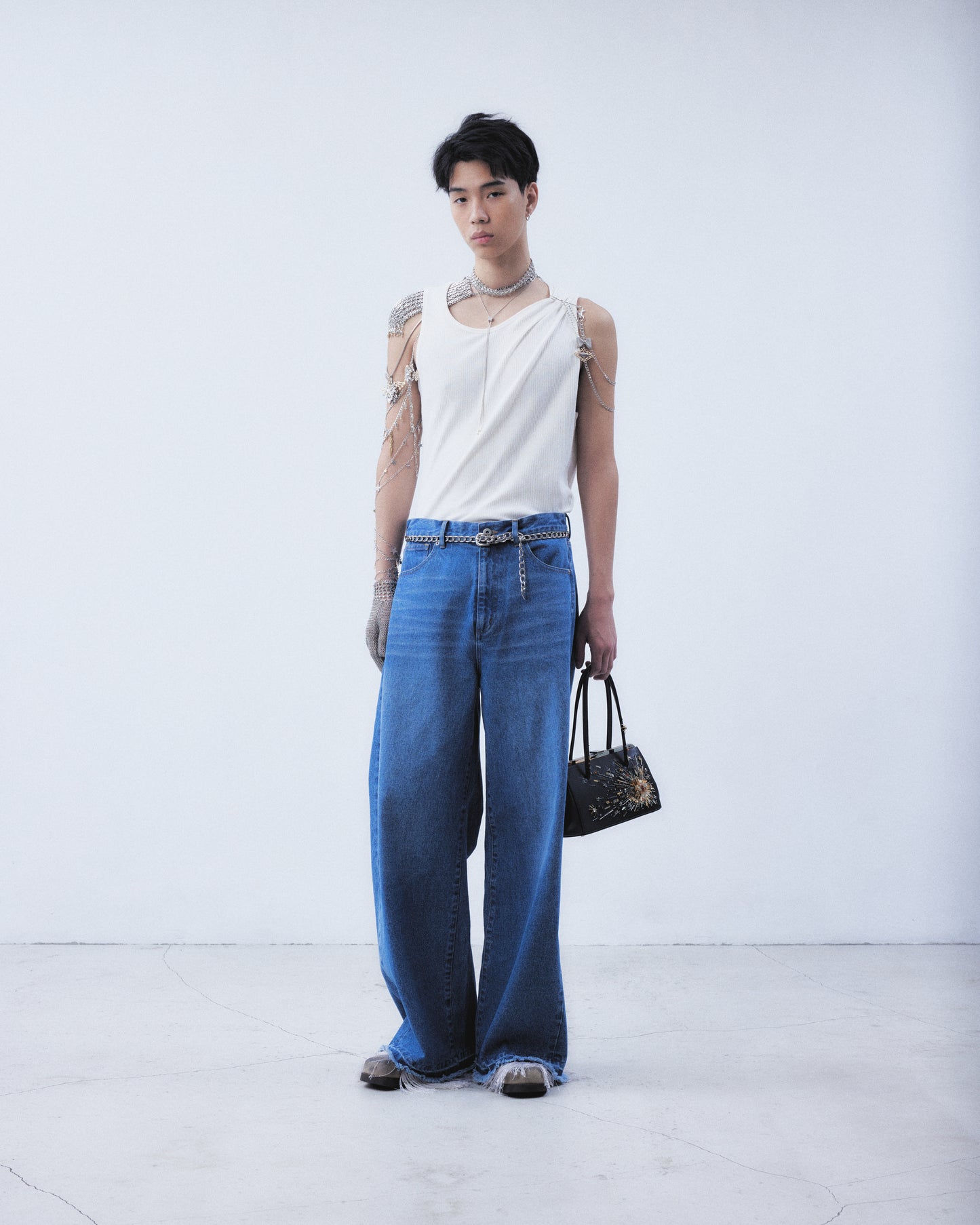 one-side drape gather tank top White【stock】