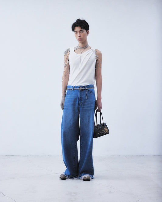 one-side drape gather tank top White【stock】