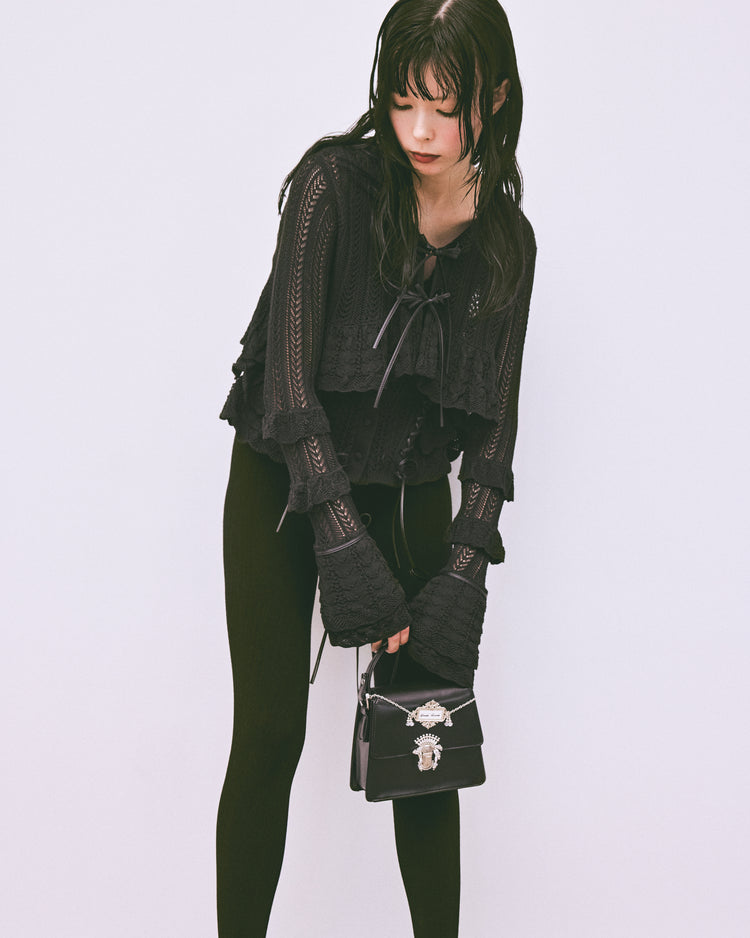 double ribbon knit cardigan Black【stock】