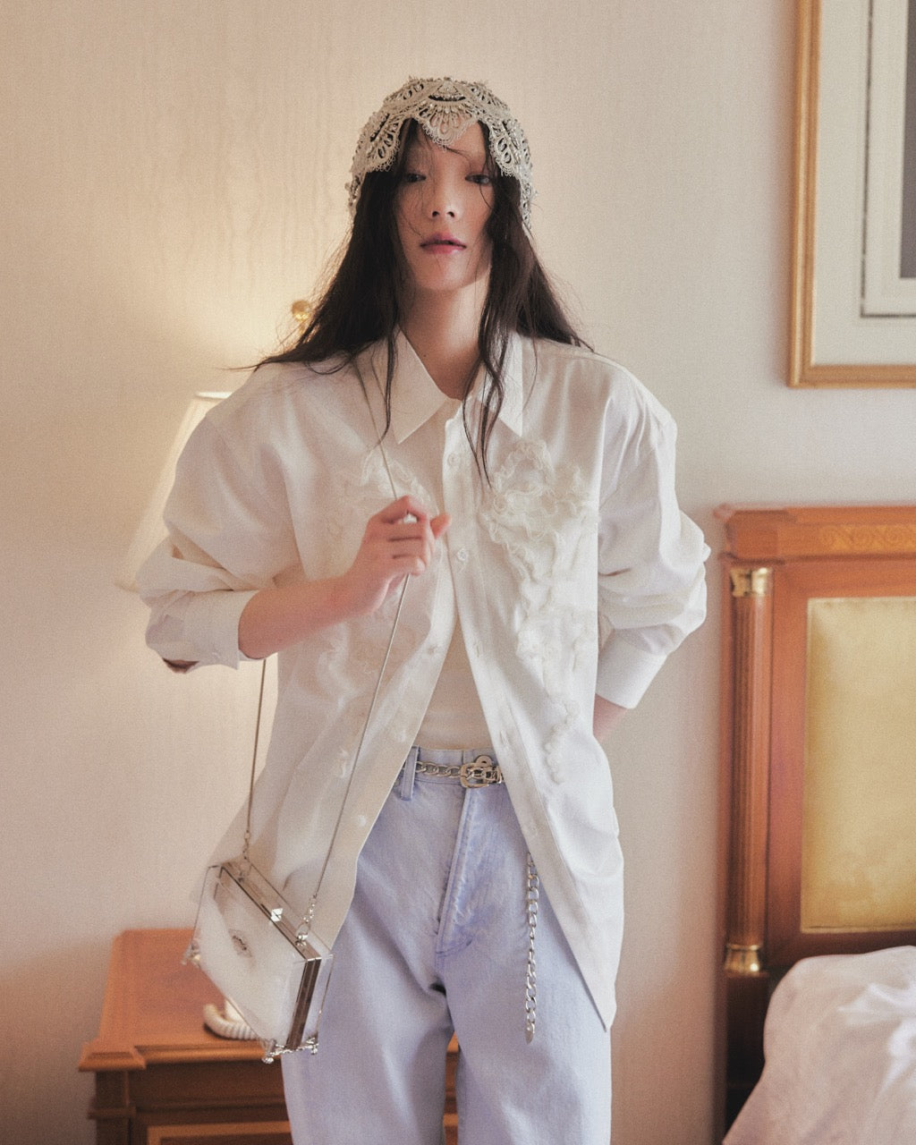 ribbon tulle embroidery shirt Off white【Delivery in January 2026】