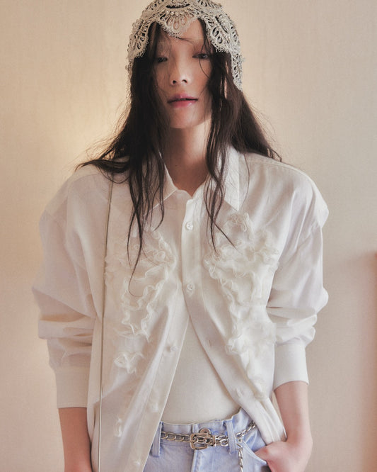 ribbon tulle embroidery shirt Off white【Delivery in February 2026】