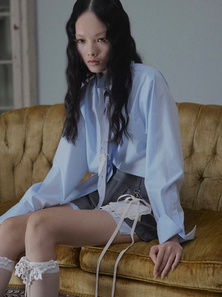 wave tuck lumen embroidery shirt Pale blue【stock】