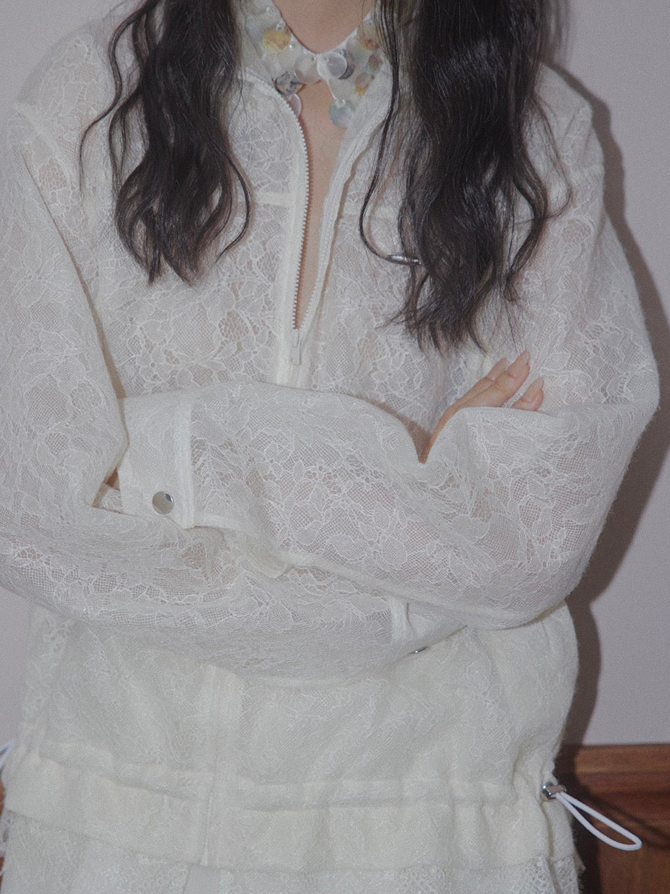 fuzzy lace drawstring blouson Cream【Delivery in January 2026】